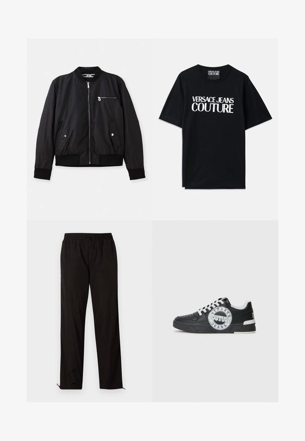 Jachetă bomber neagră cu fermoar pe față, buzunare laterale și un buzunar pe piept. Prezintă manșete și tiv ribbate, textură netedă și un design minimalist.; Tricou din bumbac negru cu mâneci scurte, având un text mare alb "VERSACE JEANS COUTURE" pe față. Design clasic cu guler rotund.; Pantaloni ușori negri, cu talie elastică, închidere cu șnur și tiv zipurat pentru o ajustare ușoară. Textură netedă și elegantă.; Adidași din piele neagră cu accente albe, detalii cu logo rotund, vârf perforat și talpă contrastantă. Prezintă șireturi albe și branduire.