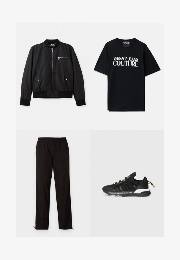 Mustat pommittajatakki, jossa on vetoketjukiinnitys edessä, sivutaskut ja rintatasku. Ominaisuuksiin kuuluvat ribbaatut hihansuut ja helma, sileä pinta ja minimalistinen muotoilu.; Musta puuvillainen t-paita lyhyillä hihoilla, jossa on suuri valkoinen teksti "VERSACE JEANS COUTURE" edessä. Klassinen pyöreä kaula-aukko.; Mustat kevyet housut, joissa on joustava vyötärö, kiristysnauha ja vetoketjulliset lahkeet säädettävään istuvuuteen. Sujuva, sleek-tuntu.; Mustat urheilukengät, joissa on tyylikäs muotoilu, kullanvärinen brändäys, joustavat nauhat ja teksturoitu pohja valkoisilla yksityiskohdilla.