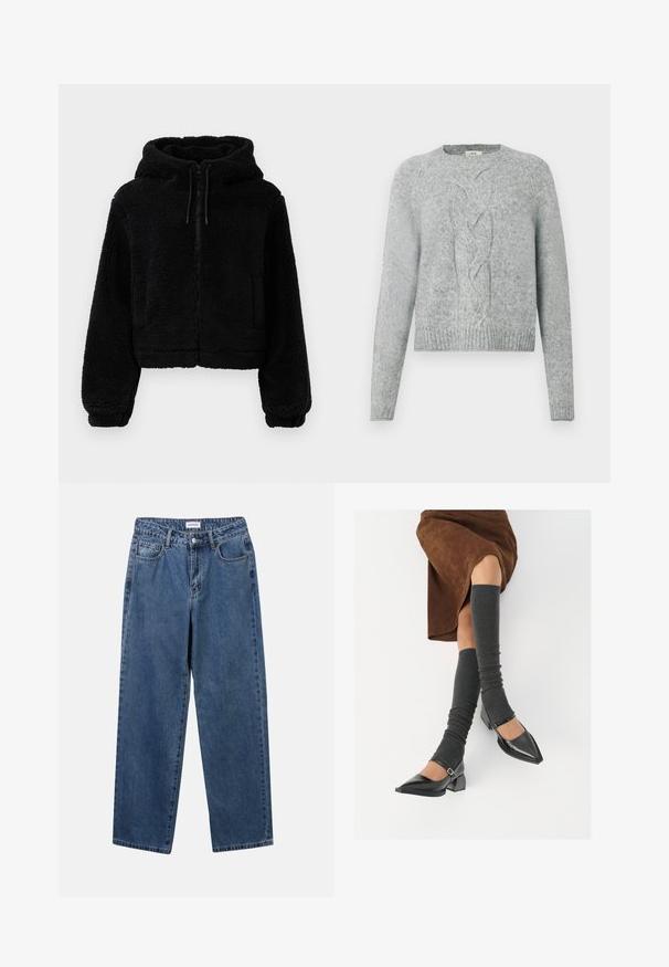 Černá zkrácená mikina s kapucí vyrobená z načechrané, strukturované tkaniny. Obsahuje zipový uzávěr, dvě přední kapsy a nastavitelné šnurování na kapuci.; Světlý šedý pletený svetr s dlouhými rukávy, kulatým výstřihem a centrálním vzorem z copánkového pletení na přední straně.; Klasické modré džíny z denimu se střihy rovné nohy, pěti kapsami a zapínáním na knoflík. Mají střední odstín a odolnou texturu.; Černé lakované boty s špičatou špičkou, blokovým podpatkem a kotníkovým páskem, spárované s šedými žebrovanými návleky na nohy a hnědskou sukní z semiše.