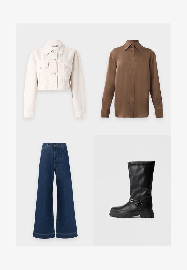 Kärbitud denimist jope heleselle värviga, millel on krae, kaks esimest taskut, hõbedased nööbid ja kergelt tekstureeritud kangas.; Pruun pikkade varrukatega nööbitav särk terava krae ja mansettidega, esitatud lihtsa valge tausta ees.; Laia siniste denim pükste suur jalg, kõrge vöökoht, nupuga kinnitamine, vöökohad ja peened õmblusdetailid taskute ja äärte ääres.; Mustad kuni põlvedeni saapad, mis on valmistatud siledast nahast, külgedel on pealmise aktsendina pandla ning paksem, tekstuuriga talla osa, mis tagab haarde.