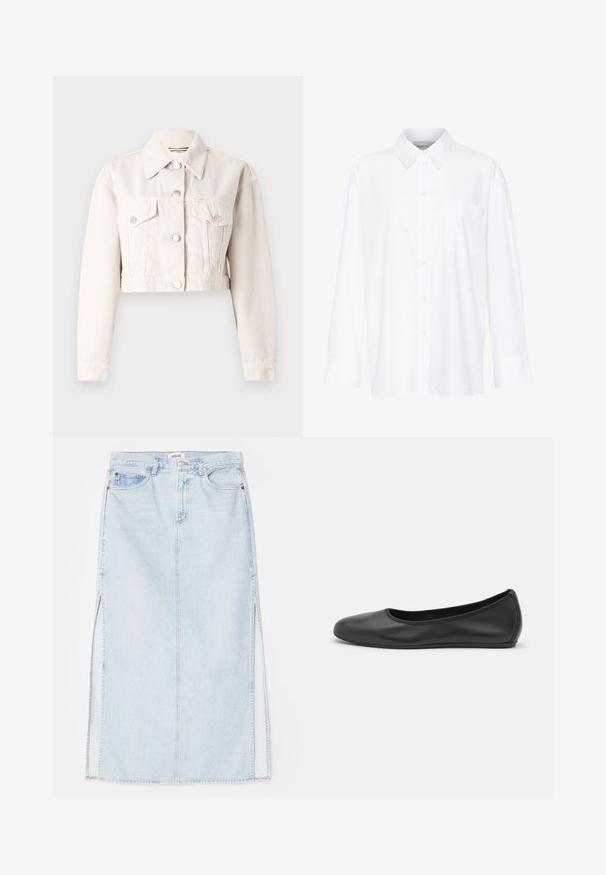 Zkrácená džínsová bunda v jemně krémové barvě, se límcem, dvěma předními kapsami, stříbrnými knoflíkovými zapínáními a mírně texturovanou tkaninou.; Bílá košile s dlouhým rukávem a límečkem vyrobená z bavlny. Má knoflíkovou přední část a jedno kapsičku na prsou. Hladký povrch, volný střih.; Světle modrá denimová maxi sukně se střihém do tvaru A, která má boční rozparky a design s pěti kapsami. Výrazné švy a kovové zapínání na knoflík.; Černé kožené baletní byty s kulatou špičkou, hladkou texturou, minimálními švy a flexibilním designem podrážky.
