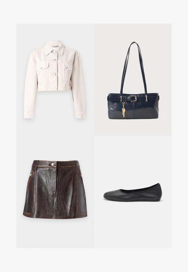 Jaqueta cropped de ganga em tom creme claro, com colarinho, dois bolsos frontais, fechos de botão prateados e um tecido ligeiramente texturizado.; Top preto de manga longa com gola alta, feito de um tecido suave, apresentando uma gola fruncida e uma silhueta ajustada com bordas simples.; Saia mini em pele castanha com um design elegante, dois bolsos laterais com zíper e costuras em contraste ao longo das bordas.; Bailarina preta em pele com bico arredondado, textura suave, detalhe de costura minimalista e design de sola flexível.; Bolsa de couro azul-marinho com duas alças longas, um detalhe de fivela e um porta-chaves anexado. Apresenta uma textura suave e uma forma retangular.