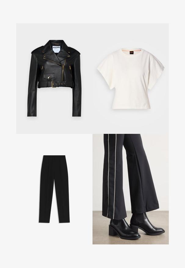 Black leather cropped biker jacket featuring a notched collar, gold zippers, side pockets, and a belted waist with adjustable hardware.; White cropped T-shirt, short wide sleeves, soft cotton material, round neckline with subtle orange trim, minimal design, no patterns or graphics.; Black trousers with a straight fit, featuring double pleats, a smooth texture, and a classic waistband design. No visible hardware or accents.; Black leather ankle boots with a block heel, featuring elastic side panels. Paired with black pants that have a white side stripe.