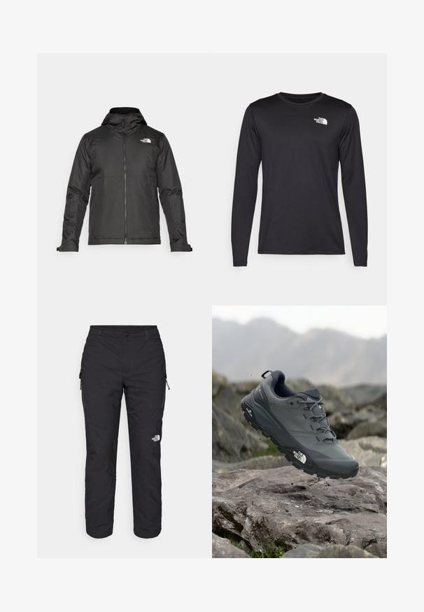 Zwarte zip-up jas met een capuchon, gemaakt van gladde stof. Heeft een logo op de borst en verstelbare manchetten voor een comfortabele pasvorm.; Zwart performance T-shirt met lange mouwen, gemaakt van lichtgewicht stof, met een wit logo op de bovenste linkerborst. Gladde textuur.; The North Face WINTER EXPLORATION TAPERED CARGO - Outdoorbroeken - black; Grijze trailrun-schoen met een gestructureerde bovenkant, duurzame rubbersole en versterkte neuskap. Voorzien van veters en een merkimprint aan de zijkant.