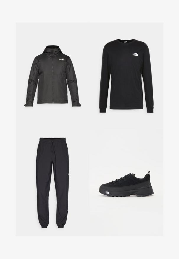 Juoda zip-up striukė su kapišonu, pagaminta iš lygios medžiagos. Yra logotipas ant krūtinės ir reguliuojamos rankogaliai, užtikrinantys tvirtą prigludimą.; Juoda džemperis ilgomis rankovėmis, pagamintas iš medvilnės, su baltu logotipu kairėje krūtinės pusėje ir pūstomis rankogaliais. Lygus paviršius su apykakle.; Juodos sportinės kelnės, pagamintos iš lengvos medžiagos, su raišteliu liemens srityje, šoniniais kišenėmis ir siaurėjantys apykaklės prie kulkšnies.; Juodas lauko sportinis batelis su zomšiniu viršumi, tekstūruota guma padais ir tvirtas raištelių sistema. Yra sustiprinta kulno dalis ir prekės ženklo logotipas šone.