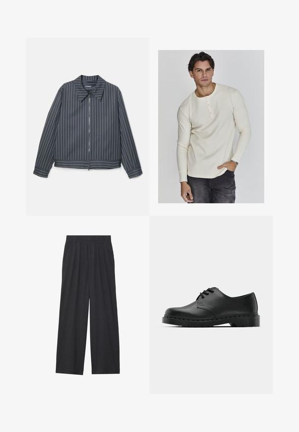 Tmavě šedá zapínací bunda na zip s bílými vertikálními pruhy, špičatým límcem a dlouhými rukávy. Hladká tkanina s mírně lesklým povrchem.; Krémová dlouhá rukávová ripová henley košile s kulatým výstřihem, třemi knoflíky a přiléhavými manžetami, kombinovaná s tmavými džíny.; Široké kalhoty vyrobené z tmavě šedé látky. Mají plisování v pase, střih na míru a rovný siluetu.; Černé kožené oxfordy s šněrováním, zakulacenou špičkou, plochou gumovou podrážkou a jemným prošíváním podél svršku.