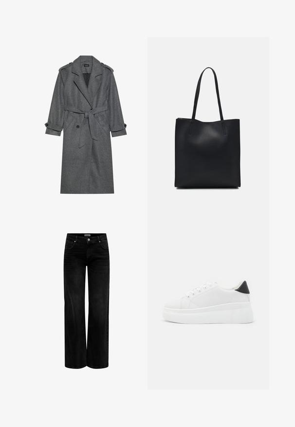 Pelēks vilnas maisījuma mētelis ar dubultā rinda pogām, jostu viduklī, plecu epauletēm un pogātām aprocēm. Ar atloku apkakli.; Melna, ribota, garām piedurknēm pieguļoša džemperis ar apaļu kakla izgriezumu, izlikta pret vienkāršu gaišu fonu.; Melnas augstas vidukļa širās kājas džinsi ar priekšējām kabatām, pogu aizdari un mazām nolietojuma detaļām uz augšstilbiem.; Baltas platforma kedas, izgatavotas no gludas sintētiskas vielas, ar noapaļotu purngalu, saites dizainu un teksturētu gumijas zoli. Melna papēža akcenta detaļa.; Melnas ādas somiņa ar gludu tekstūru, taisnstūra formu un divām garām rokturiem. Nav redzamu aparatūras vai rotājumu.