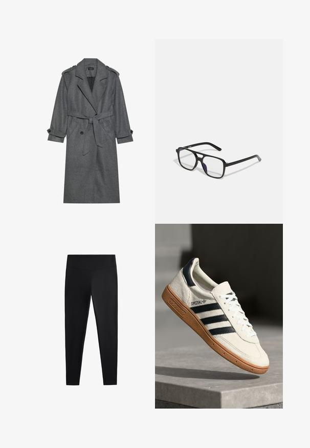 Grå uldblandingsfrakke med dobbeltradet design, bælte i taljen, skulderepaulettes og knappede manchetter. Har en slagkrave.; Hvid ribbet tanktop med et sort broderet logo centreret på brystet. Udhulningen og ærmegabene er afsluttet med en subtil kant.; Sorte leggings lavet af glat, strækbart stof. Har en bred talje og en tapered ben-design, velegnet til aktiv eller afslappet brug.; Hvide ruskinds sneakers med marineblå striber, gummisål, struktureret overdel, rund tå og snøring; har branding på siden og tungen.; Sorte rektangulære briller med klare linser og en subtil lilla nuance, der har slanke arme og et minimalistisk design.; Sort læderhåndtaske med et struktureret design, en overhåndtag og en guld-tonet lås. Har en tekstureret overflade med præget logo.