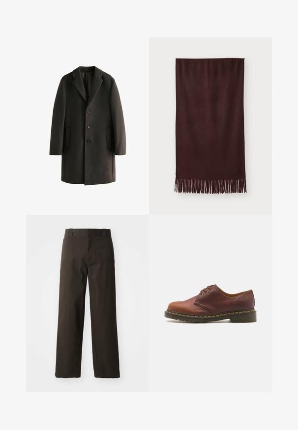 Juodas vilnonis paltas su įpjautu reversu, trimis sagomis, dviem šoninėmis kišenėmis ir laisvu siluetu. Sklandus tekstūra su subtiliu blizgesiu.; Ruda megzta bešlizdė liemenė be rankovių su rausvais apykakle, rankovėmis ir apvadu, išklota ant baltos fono.; Juodas medvilnės marškinėliai su apvaliu iškirpimu, trumpomis rankovėmis ir tiesiu apatine dalimi. Lygus paviršius; paprastas, nepuošnus dizainas.; Juodi medvilniniai kelnių su tiesiomis kojomis, turinčiais mygtuko uždarymą ir klasikiniu liemeniu. Lygus audinys, be raštų ar akcentų.; Rudos odinės batai su lygia apdaila, apvaliu galiuku ir penkiais akeliais raišteliams. Įrengta geltona siuvinėjimas prie pado ir tekstūruotas kulnas.; Bordo šalikas, pagamintas iš minkštos medžiagos, su lygiu paviršiumi ir ilgais pakraščiais. Stačiakampio formos, gražiai kabo.