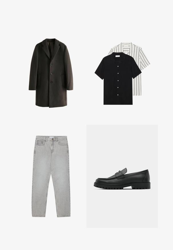 Schwarzer Wollmantel mit Reverskragen, drei Knöpfen, zwei Seitentaschen und lässiger Passform. Glatte Textur mit dezentem Schimmer.; Zwei kurzärmelige Hemden: eines ganz schwarz, das andere weiß mit schwarzen vertikalen Streifen. Beide verfügen über Knopfverschlüsse und einen klassischen Kragen.; Helle graue Jeanshose mit gerade geschnittenem Design, Fünf-Taschen-Stil und Knopfverschluss. Sichtbare Nähte entlang der Seitennähte.; Schwarze Lederloafer mit runder Zehenform, ausgestattet mit einem gesteppten Design, niedrigem Plattformsohle und einer strukturierten, genoppten Gummisohle.