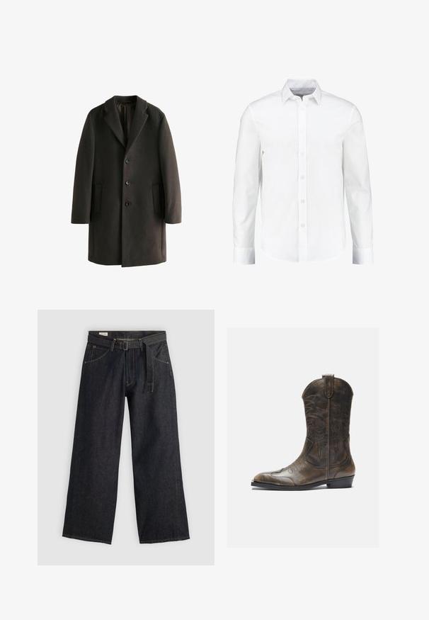 Svart ullkappa med slagkrage, tre knappar, två sidofickor och avslappnad passform. Slät textur med en subtil lyster.; Vit långärmad skjorta med knäppning i mjuk bomull. Har en klassisk krage och knappframknäppning med rak fåll.; Mörka denimbyxor med vida ben och bälte i midjan, med framfickor och kontrasterande sömmar. Slät textur med en ren design.; Brun läder cowboystövel med en hög skafthöjd, spetsig tå, intrikata sömnadsmönster och en liten klack. Texturerad yta hela vägen.