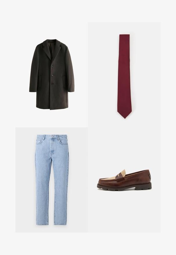 Zwarte wollen jas met een gelapte kraag, drie knopen, twee zijzakken en een relaxed fit. Glad textuur met een subtiele glans.; Witte langesleeve overhemd met knopen, gemaakt van een gladde stof. Kenmerkt zich door een klassieke kraag, voor knopen en manchetten met één knoop. Slim fit ontwerp.; Lichtblauwe spijkerbroek met een recht model, vijf zakken en een knoopsluiting. Zachte textuur met een klassieke vervaagde afwerking.; Bruine leren instappers met een taupe canvasaccent, gestikte details en een gestructureerde rubberen zool die is ontworpen voor comfort en duurzaamheid.; Bordeaux zijden stropdas, smalle vorm met een stevige textuur. Heeft een puntige punt, consistente kleur en een gladde afwerking.