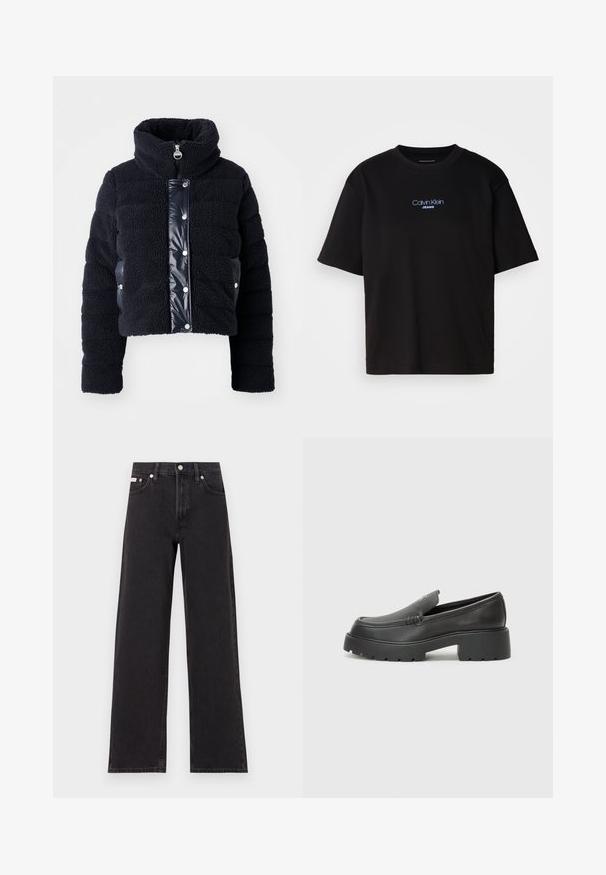Jaqueta curta preta feita de fleece texturizado com painel frontal de nylon brilhante e fecho de correr. Possui botões de pressão e colarinho alto.; T-shirt preta de algodão com gola redonda, mangas curtas e logo bordado azul "Calvin Klein JEANS" na parte da frente.; Jeans de perna larga pretos feitos de denim, apresentando uma cintura alta, estilo de cinco bolsos e um fecho em botão de metal com costura contrastante.; Mocassins de couro preto com bico arredondado, sola espessa e texturizada, e detalhes de costura minimalistas. Design elegante sem atacadores ou ferragens visíveis.