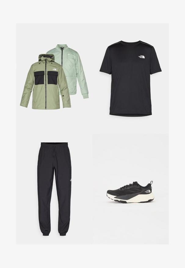 Dwie kurtki nachodzące na siebie: oliwkowozielona wodoodporna kurtka z czarnymi kieszeniami na piersi i kapturem oraz jasna miętowozielona kurtka bomberka w stylu pikowanym.; Czarny t-shirt z krótkim rękawem, wykonany z lekkiego materiału. Posiada małe białe logo na lewej piersi oraz subtelne akcenty na ramionach.; Czarne spodenki sportowe wykonane z lekkiego materiału, z elastycznym pasem na sznurek, bocznymi kieszeniami i zwężanymi mankietami przy kostkach.; Czarne buty sportowe z teksturowaną siateczką, solidnymi czarnymi akcentami i białą, lekką podeszwą. Posiadają zapięcie na sznurówki i uchwyt do zakładania.