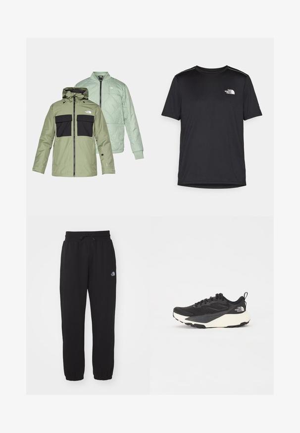 Dvoje prekrývajúcich sa búnd: olivovo zelená nepremokavá bunda s čiernymi náprsníkovými vreckami a kapucňou, a svetlo mätovo zelená prešívaná bombová bunda.; Čierne tričko s krátkym rukávom vyrobené z ľahkej tkaniny. Obsahuje malé biele logo na ľavej hrudi a jemné akcenty na pleciach.; Čierne tepláky vyrobené z mäkkej látky, s elastickým pásom s šnúrkou, s manžetami na členkoch a malým logom na hornej strane stehna.; Čierna atletická obuv s textúrovaným sieťovinovým vrchom, pevným čiernym akcentom a bielou ľahkou podrážkou. Obsahuje šnurovací systém a pútko.
