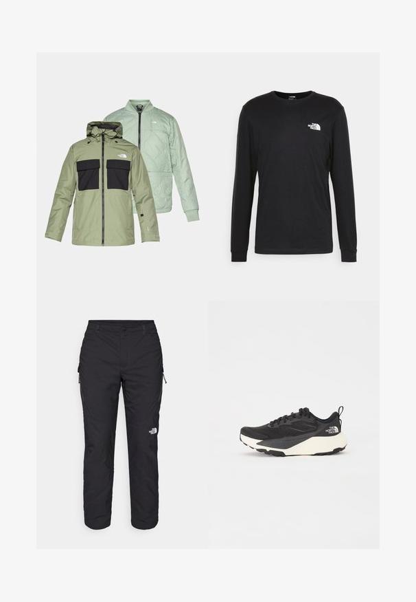 Dvě překrývající se bundy: olivově zelená nepromokavá bunda s černými hrudními kapsami a kapucí a světle mátově zelená prošívaná bunda ve stylu bomber.; Černé tričko s dlouhým rukávem vyrobené z bavlny, s bílým logem na levé straně hrudi a pružnými manžetami. Hladký povrch s kulatým výstřihem.; The North Face WINTER EXPLORATION TAPERED CARGO - Outdoorové kalhoty - black; Černá sportovní bota s texturovaným síťovaným svrškem, solidními černými akcenty a bílou lehkou podrážkou. Vybavena šněrováním a poutkem.