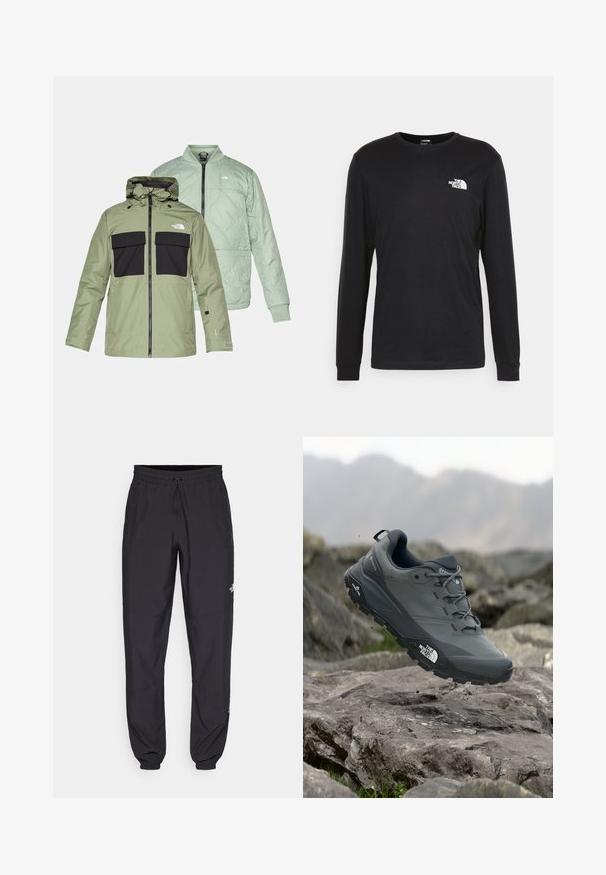 Duas jaquetas sobrepostas: uma jaqueta impermeável verde-oliva com bolsos frontais pretos e capuz, e uma jaqueta bomber acolchoada em verde menta claro.; Camisola de manga longa preta feita de algodão, com um logo branco no lado esquerdo do peito e punhos canelados. Textura suave com decote redondo.; Calças atléticas pretas feitas de tecido leve, com um cós ajustável por cordão, bolsos laterais e punhos afunilados nos tornozelos.; Sapatilha de corrida em trilhos cinza com um cabedal texturizado, sola de borracha durável e ponteira reforçada. Apresenta atacadores e o logótipo da marca de lado.