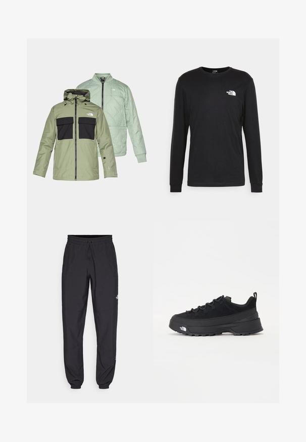Două jachete suprapuse: o jachetă impermeabilă de culoare verde măslin, cu buzunare negre pe piept și glugă, și o jachetă bomber cu umplutură de culoare verde mentă deschis.; Tricou negru cu mânecă lungă din bumbac, având un logo alb pe partea stângă a pieptului și mansete cu țesătură fină. Textură netedă cu decolteu rotund.; Pantaloni atletici negri, confecționați dintr-un material ușor, cu un tiv elastic la talie, buzunare laterale și tivuri ajustate la gleznă.; Tenisi de exterior negri cu superior din daim, talpă din cauciuc texturat și sistem de șireturi solid. Prezintă un călcâi întărit și un logo al mărcii pe lateral.