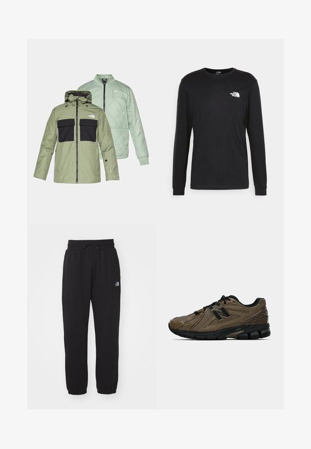 Two jackets overlapping: an olive green waterproof jacket with black chest pockets and a hood, and a light mint green quilted bomber style jacket.; Black long-sleeve t-shirt made of cotton, featuring a white logo on the left chest and ribbed cuffs. Smooth texture with a crew neckline.; Black sweatpants made of soft fabric, featuring an elastic waistband with drawstring, cuffed ankles, and a small logo on the upper thigh.; Brown running shoe with textured mesh upper, black accents, and cushioned sole. Features a lacing system and streamlined design.