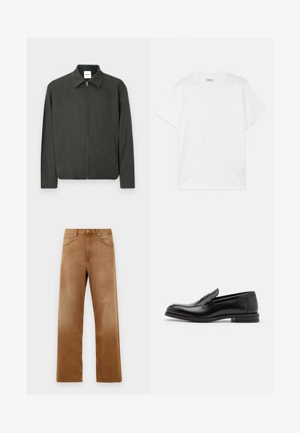 Tummanvihreä takki, jossa on kauluksellinen pääntie, etuvetoketju ja sivutaskut. Valmistettu teksturoidusta kankaasta, yksinkertaisella ja selkeällä muotoilulla.; Valkoinen puuvillapaita, jossa on pyöreä kaula-aukko, lyhyet hihat ja hienovarainen logo painettuna etupuolelle. Suora pinta ja yksinkertainen muotoilu.; Ruskot vaaleat farkut leveällä lahkeella ja korkealla vyötäröllä, joissa on kaksi etutaskua, nappikiinnitys ja hienovarainen tekstuuri. Ei näkyviä kuvioita tai yksityiskohtia.; Mustat nahkakengät, joissa on sileä pinta, pyöreä kärki ja koristeellinen nauha jalkapöydän yli. Matala pinoitu koroke, minimalistinen muotoilu.