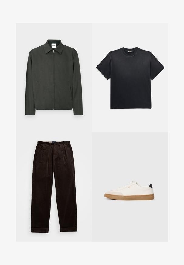 Donkergroene jas met een kraag, ritssluiting aan de voorkant en zijzakken. Gemaakt van een gestructureerde stof en heeft een eenvoudig en strak ontwerp.; Zwarte katoenen t-shirt met een ronde halslijn en korte mouwen. Heeft een ontspannen pasvorm, een gladde textuur en een minimalistisch ontwerp.; Donkerbruine corduroy broek met een relaxte pasvorm, met plooien aan de voorkant en opgerolde manchetten aan de zoom. Soepele textuur en stevig ontwerp.; Witte sneakers met beige accenten, bovenwerk van glad leer, ronde neus en rubberen gumzool, met een zwarte hieltab en subtiele branding.