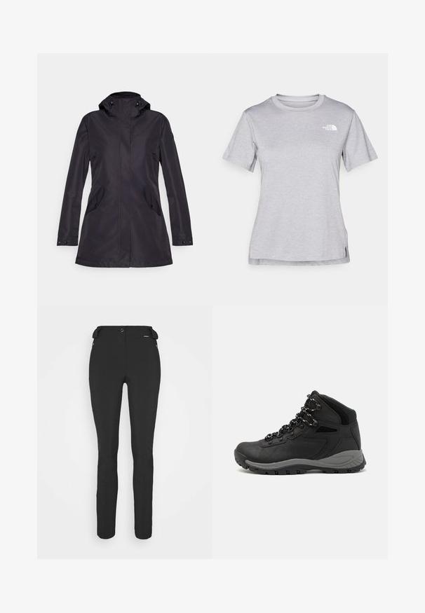 Melna ūdensnecaurlaidīga jaka ar kapuci, priekšējo rāvējslēdzēju, divām sānu kabatām un regulējamiem manžetiem. Gluda tekstūra un mūsdienīgs dizains.; Pelēks īsām piedurknēm T-krekls, kas izgatavots no mīksta, mitrumu noturoša auduma. Tam ir apaļš kakls un neliels balts logo kreisajā augšējā stūrī.; Melni, pieguļoši bikses, izgatavotas no elastīga materiāla. Iespējas ietver rāvējslēdzēju sānu kabatu, ar artikulētām ceļgaliem un gludu tekstūru.; Melni pārgājienu zābaki ar vidēju augstumu, ar teksturētu augšdaļu, pelēkiem akcentiem un izturīgu gumijas zoli ar saķeres izvirzījumiem.