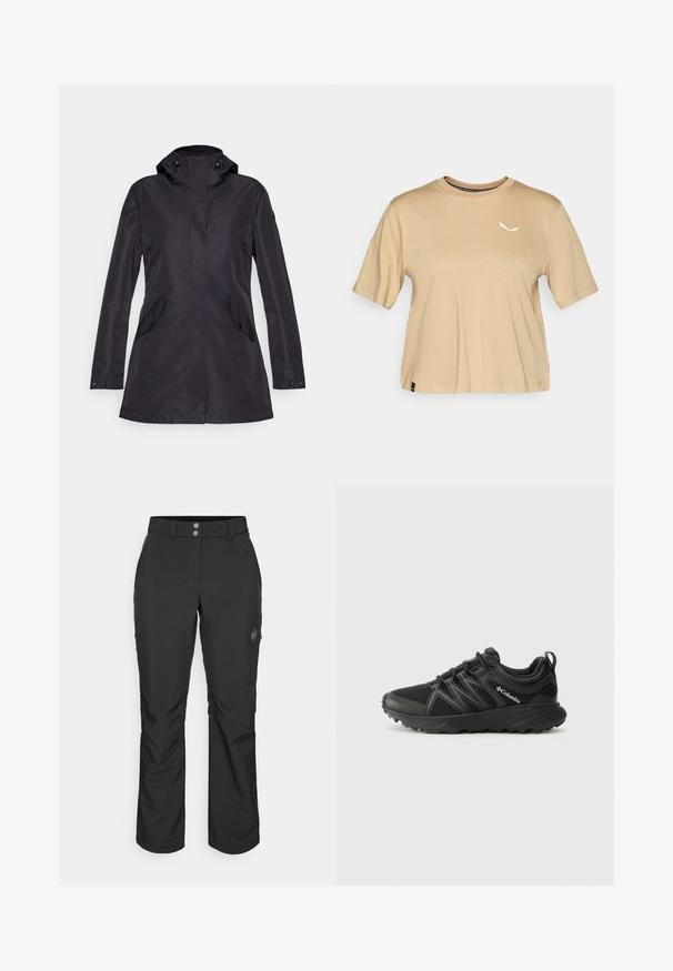 Chaqueta negra impermeable con capucha, cierre frontal, dos bolsillos laterales y puños ajustables. Textura suave y diseño moderno.; Camiseta de algodón beige con mangas cortas. Presenta un escote redondo y un logo blanco en el pecho. Baño recto con un sutil detalle de etiqueta.; Pantalones exteriores negros de corte recto, con cierre de botón, bolsillos laterales con cremallera y un parche con el logotipo en el muslo izquierdo.; Columbia PEAKFREAK - Zapatillas de senderismo - black