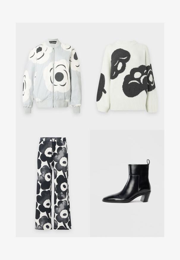 Bunda bomber světle šedé barvy s velkými bílými květinovými vzory a černými detaily. Má přední zip a žebrované manžety a lem.; Pletený svetr v krémové barvě s velkými černými abstraktními vzory. Má žebrovaný kulatý výstřih a široké rukávy pro pohodlný střih.; Kalhoty s širokými nohavicemi v černobílém květinovém vzoru, se stahovacími šňůrkami v pase a hladkým povrchem, se stylizovanými velkými květinovými motivy.; Černá kožená kotníková bota s špičatou špičkou, geometrickou tvarovanou podpatkem a poutkem na zadní straně. Hladká textura a elegantní design.