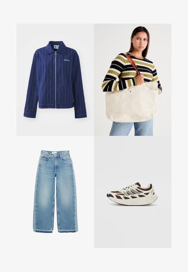 Mornarska zip-up jakna s ovratnikom, belimi prugami in diskretnim logotipom na prsih. Ima stranske žepke in rebraste manšete.; Bela majica s kratkimi rokavi iz bombaža, s številko okroglega izreza in ravnim robom. Minimalistična zasnova brez vidnih vzorcev ali poudarkov.; Svijetloplave široke traperice s visokim strukom, dugmadi za zatvaranje, prednjim džepovima i neurednim rubom.; Rjavi in smetanasti športni copat z mrežnim zgornjim delom, teksturiranimi prekrivnimi deli in zaobljenim, debelim belim podplatom. Ima nizko profilirano jezičko in vezalke.; Velika bež platnena torba z rjavimi usnjenimi ročaji, ki se ponaša z minimalnim dizajnom in vidnimi šivi.