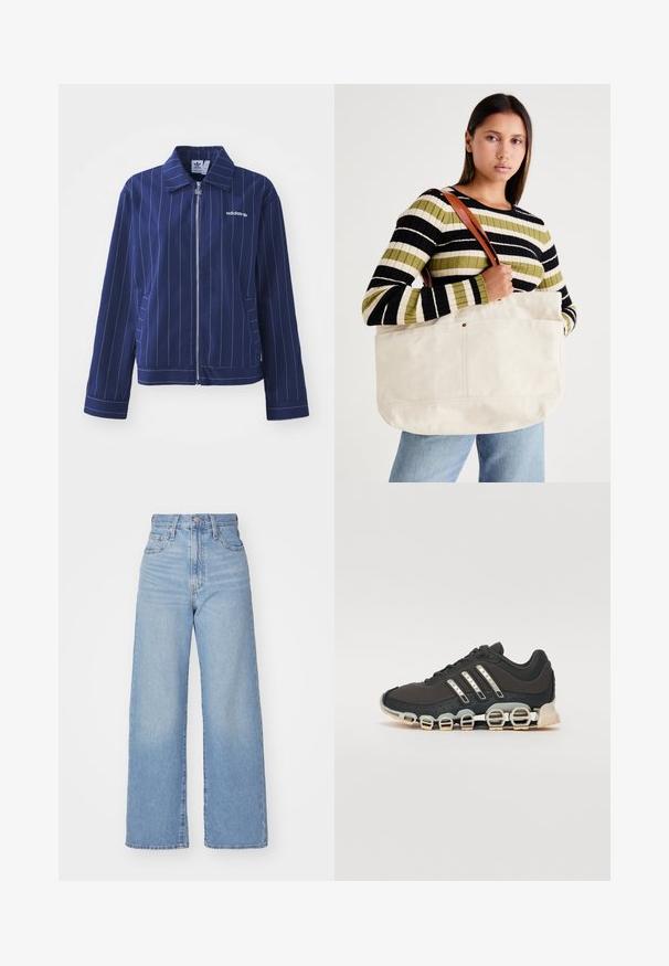 Marineblå zip-jakke med krage, hvit stripemønster og subtil logo på brystet. Har sidelommer og ribbestrikkede mansjetter.; Svart bomull t-skjorte med korte ermer, med et håndgrafikk og teksten "Levi's LA LUNE" i hvitt på venstre brystområde.; Lys blå høytlivs vide jeans med knapp- og glidelås lukking foran, foran og bak lommer, på en hvit bakgrunn.; Svarte sportsko med en strukturert overflate, tre sølvstriper, og en distinkt støtdempende såle med flere integrerte seksjoner.; Stor beige kanvas tote bag med brune lærreimer, med et minimalistisk design og synlige sømdetaljer.