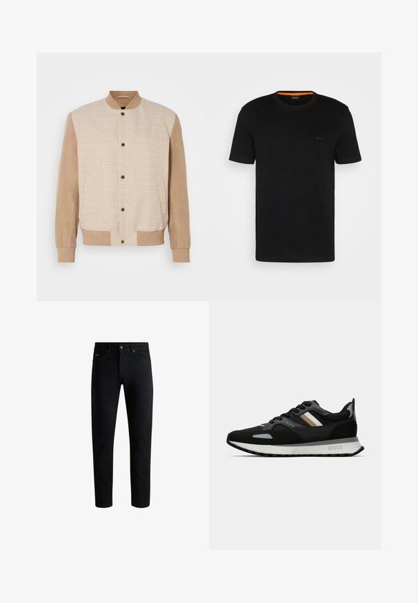 Jaqueta bomber castanha com frente de tecido texturizado e mangas em camurça lisa. Apresenta colarinho e barra ribados, com cinco botões na parte frontal.; T-shirt preta de manga curta feita de um tecido macio, com um decote redondo e um logo discreto na frente. A parte interior do colarinho tem um detalhe laranja.; Jeans pretos slim-fit com cinco bolsos, fecho de botão e passantes para cinto, exibidos contra um fundo branco.; Shoe de corrida preto com uma superfície texturizada, detalhes cinza claro e três riscas horizontais em castanho. Apresenta uma sola branca acolchoada.