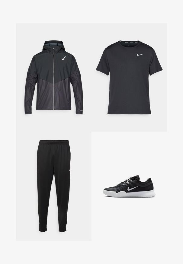 Giacca sportiva nera con zip frontale, cappuccio e un design bicolore. Presenta un logo bianco sul lato sinistro del petto e tessuto testurizzato.; Maglietta da corsa Nike nera realizzata in materiale leggero e traspirante, con maniche corte e un piccolo logo bianco sul petto.; Pantaloni sportivi neri realizzati in tessuto liscio, con una vita elastica, gambe affusolate e un piccolo logo bianco sul lato sinistro.; Scarpa sportiva nera con tomaia testurizzata, logo Nike swoosh bianco e suola in gomma bianca. Presenta un design con lacci e una forma dinamica.