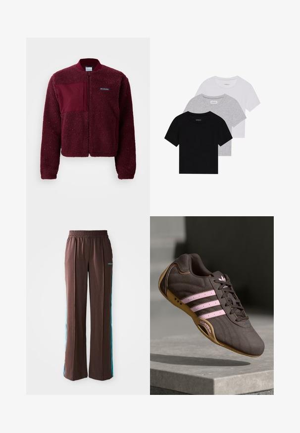 Burgundi värvi fliisjakki kapuutsiga, lukuga ees, ümmarguse kaeluse, kudumisega mansettide ja kontrastse kangast riidega rinnal. Pehme, tekstuurse pind.; Kollektsioon kolm lühikese varrukaga T-särki mustas, hallis ja valges värvitoonis. Valmistatud puuvillast, ümmarguse kaelusega ja lihtsa, ühevärvilise disainiga.; Pruunid spordipüksid, millel on soonikkoes, elastne vöökoht ja türkiissinised külje triibud. Esiosas on adidas logo.; Pruunist nahast sportlik king, millel on roosa triip ja logo, tekstureeritud ülemine osa, paeltesulgur ning kummist tallad.