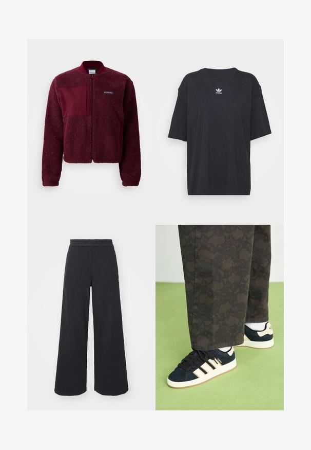 Bordo flis jakna s sprednjim zadrgo, okroglo ovratnikom, pletenimi manšetami in kontrastnim tekstilnim obližem na prsih. Mehka, teksturirana površina.; Črna bombažna majica s kratkimi rokavi in okroglo ovratnikom, ki na prsih prikazuje bele Adidasove logotip. Enostaven dizajn, sproščen kroj.; Črne široke trenirke iz mehkega blaga, z elastičnim pasom in majhnim logotipom na levi strani.; Črne in vzorčaste hlače v kombinaciji z mornarsko modrimi semiš teniskami z medeni črtami in belimi podplati. Površine so prikazane kot teksturirane in ravne.