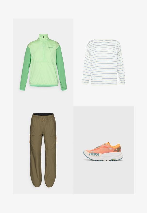 Hellgrüne Halbzip-Jacke mit langen Ärmeln. Hergestellt aus leichtem, glattem Material. Verfügt über kontrastierende, dunklere grüne Ärmel und elastische Bündchen.; Weißes Langarmoberteil mit blauen horizontalen Streifen. Verfügt über einen weitem Ausschnitt und eine lockere Passform, hergestellt aus weichem Stoff mit glatter Textur.; Leichte, olivgrüne Cargo-Hosen mit elastischem Bund und orangem Kordelzug; ausgestattet mit Reißverschluss-Seitentaschen und genähten Akzenten.; Oranges und pinkes Laufband mit Obermaterial aus Mesh, weißer Zwischensohle, Vibram-Laufsohle und hellblauen Akzenten. Verfügt über HOKA-Branding an der Seite.