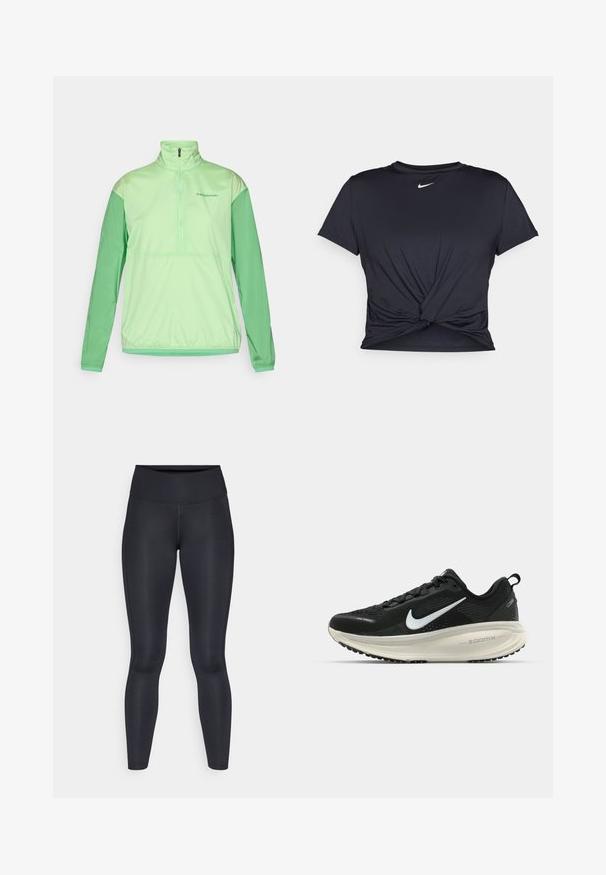 Hele roheline pooltõmblukuga jakk, millel on pikad varrukad. Valmistatud siledast, kergest kangast. Omab kontrastsete tumedamate roheliste varrukatega ja elastseid paelu.; Mustmust musta sportlik T-särk, mis on valmistatud sujuvast kangast, millel on sõlmega esikülg ja väike valge Nike logo rinnal.; Mustad mustad, mis on valmistatud siledast ja venivast kangast. Kõrge vöökoht, ilma nähtavate mustrite või aksessuaarideta. Sobivad tihedalt puusadelt kuni pahkluuni.; Musthave mustus Nike jooksujalats, millel on hingav võrgust ülemine osa, valge swoosh logo, tekstuuriga detailid ja kreemja värvusega ZoomX vahevöö.