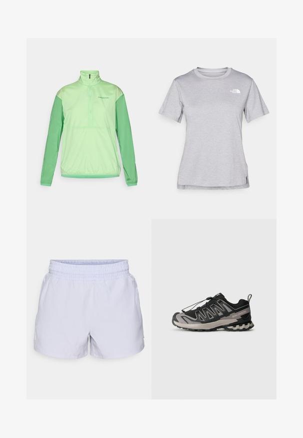 Világoszöld, félig cipzáras dzseki hosszú ujjakkal. Simulékony, könnyű anyagból készült. Kontrasztos sötétebb zöld ujjak és rugalmas mandzsetták jellemzik.; Szürke, rövid ujjú póló, puha, nedvességet elvezető anyagból készült. Kerek nyakú, és egy kis fehér logó található a bal felső részen.; Világos lila rövidnadrág, rugalmas derékkal, sima anyagból készült. Oldalán kis logó részlettel rendelkezik. Könnyű kivitel.; Fekete és szürke sportcipő hálós felsővel, gumitalppal és elasztikus fűzőrendszerrel. Erősített orra és textúrázott részletei vannak.