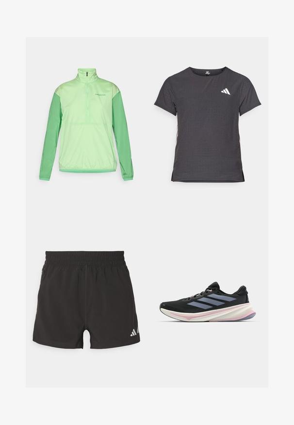 Light green half-zip jacket with long sleeves. Made from smooth, lightweight fabric. Features contrasting darker green sleeves and elastic cuffs.; Short-sleeve athletic t-shirt, dark gray with perforated texture. Features a white logo and contrasting side stripes. Rounded neckline.; Black athletic shorts made of lightweight fabric. Features an elastic waistband, side zipper pocket, and a reflective logo on the hem.; Black running shoe with mesh upper, light purple accents, and three horizontal gray stripes. Features a cushioned sole for comfort.