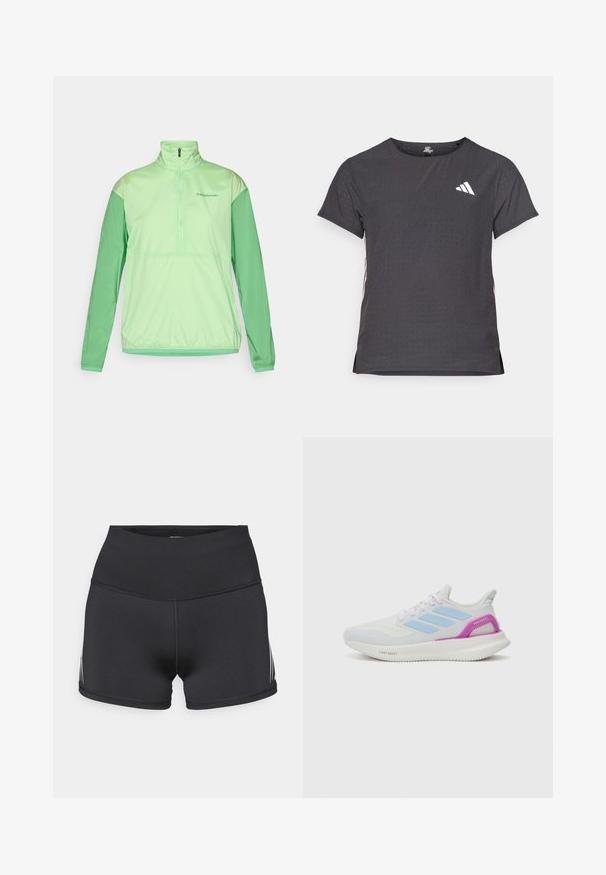 Jachetă verde deschis, cu fermoar la jumătate și mâneci lungi. Fabricată dintr-un material neted și ușor. Prezintă mâneci de un verde mai închis și manșete elastice.; Tricou athletic cu mânecă scurtă, gri închis, cu textură perforată. Prezentă un logo alb și dungi contrastante pe laterale. Guler rotunjit.; Pantaloni scurți atletici negri cu talie înaltă, confecționați din material elastic. Au dungi albe laterale și cusături flatlock pentru confort.; adidas Performance PUREBOOST 5 - Pantofi de alergare pe asfalt - white/glow blue/purple burst