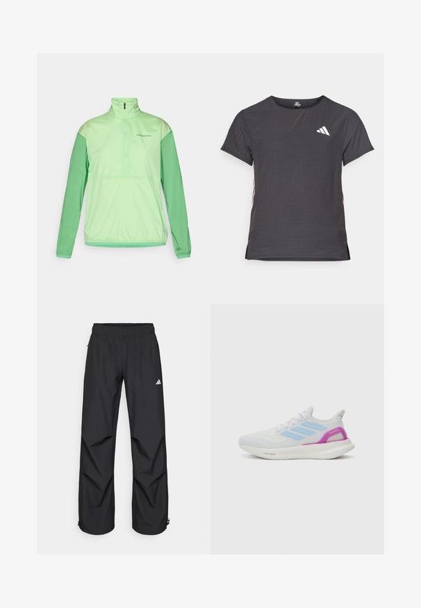 Lys grøn halv-zip jakke med lange ærmer. Fremstillet af glat, letvægtsstof. Har kontrasterende mørkere grønne ærmer og elastiske manchetter.; Kortærmet atletisk t-shirt, mørkegrå med perforeret tekstur. Har et hvidt logo og kontrastfarvede sidelister. Rundet halsudskæring.; Sorte, letvægts, vandtætte bukser med elastisk talje, sidelommer og justerbare manchetter. Har et hvidt logo på venstre lår.; adidas Performance PUREBOOST 5 - Løbesko til landevejen - white/glow blue/purple burst