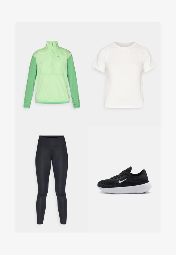 Světle zelená poloviční zipová bunda s dlouhými rukávy. Vyrobena z hladké, lehké tkaniny. Obsahuje kontrastní tmavě zelené rukávy a elastické manžety.; Lehká bílá tričko s krátkými rukávy, kulatým výstřihem a malým logem v levém horním rohu. Hladká tkanina s jemným leskem.; Černé legíny vyrobené z hladké, elastické tkaniny. Vysoký pas bez viditelných vzorů nebo akcentů. Těsně přiléhají od pasu k kotníkům.; Černá sportovní obuv s prodyšným svrškem, texturovaným designem, kulatou špičkou, bílou gumovou podešví a logem Nike na boku.