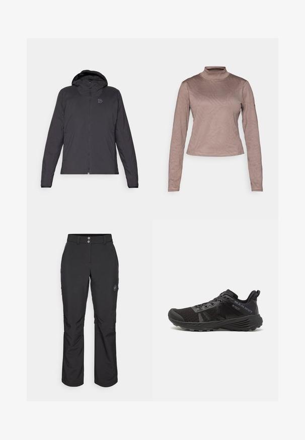 Giacca nera con cappuccio, dotata di zip completa, sottile logo sul petto e un tessuto liscio e leggero. Design semplice e lineare.; Columbia GRANITE POINT™ - Maglietta a manica lunga - iron; Pantaloni outdoor neri con taglio dritto, dotati di chiusura con bottone, tasche laterali con zip e una patch con logo sulla coscia sinistra.; Scarpa da corsa nera con tomaia in rete testurizzata, puntale rinforzato e suola in gomma. Presenta un sistema di allacciatura e dettagli del logo sul lato.