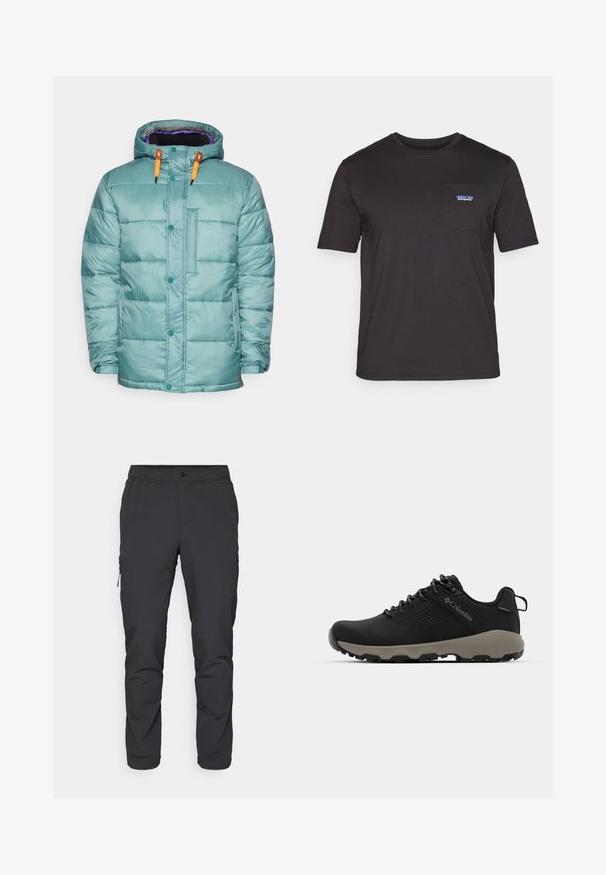Τελακί μπουφάν με κουκούλα, που διαθέτει πορτοκαλί κορδόνια, κουμπιά με κλικ και μπροστινポοί, κατασκευασμένο από γυαλιστερό, ραμμένο ύφασμα.; Μαύρο κοντομάνικο μπλουζάκι από βαμβάκι, με τσέπη στο στήθος και μπλε λογότυπο Patagonia στην αριστερή πλευρά.; Μαύρα, κομμένα παντελόνια με ελαστική μέση, φερμουάρ πλαϊνής τσέπης και λεία, ελαφριά υφή. Ιδανικά για αθλητική χρήση.; Μαύρο ορειβατικό παπούτσι με λείο επάνω μέρος, διάτρητο σχέδιο, γκρι σόλα και ενισχυμένη φτέρνα. Διαθέτει κορδόνια και κρίκο για εύκολη φόρμα.