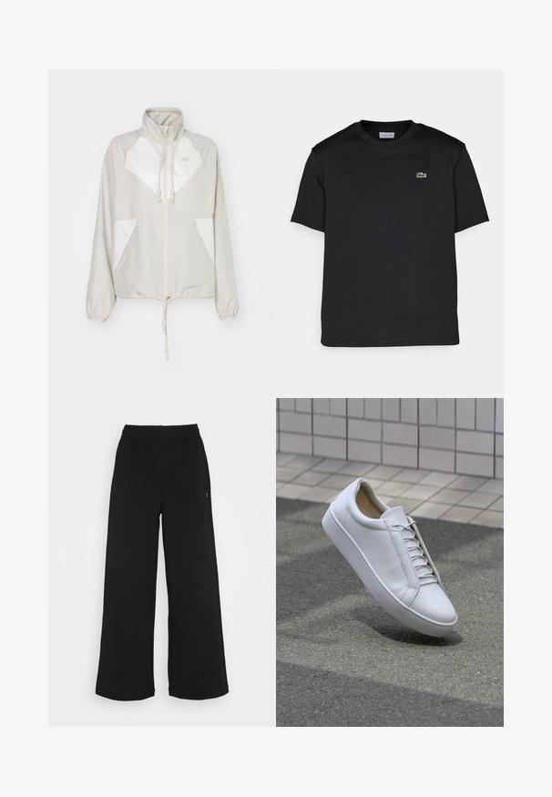 Casaco corta-vento cinza claro com respetivas assinaturas brancas, gola alta, cordão na cintura, punhos elásticos e dois bolsos frontais. Logótipo Lacoste visível.; T-shirt de algodão preta com decote redondo, mangas curtas e um pequeno logo verde bordado no lado esquerdo do peito. Design simples.; Calças largas pretas com uma cintura elástica. Feitas de um material suave e leve. Apresenta costuras verticais na parte da frente.; Sapatilha de couro branca com bico redondo, sola plana e seis pares de ilhós. Textura suave e design minimalista com detalhes de costura.