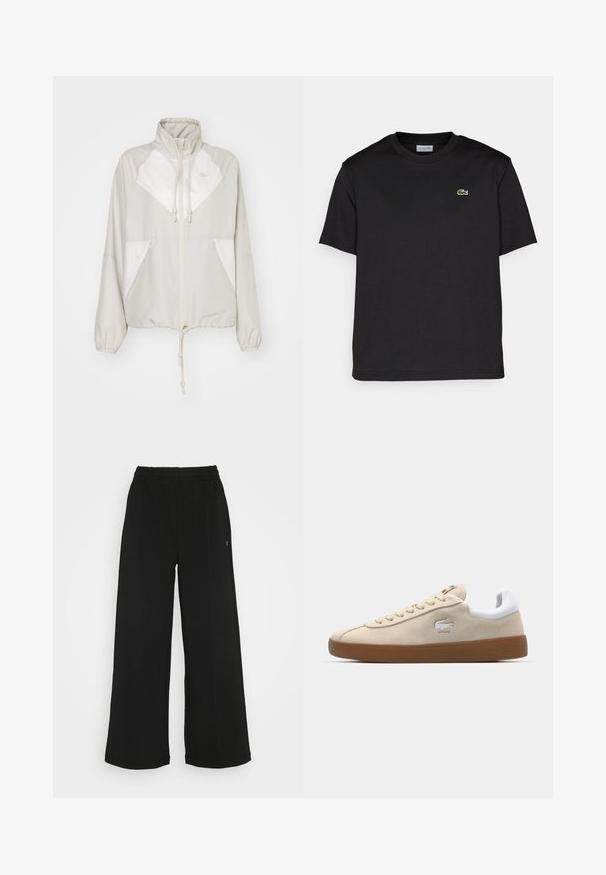 Világosszürke szélálló dzseki fehér részletekkel, magas nyakkal, húzózsinórral ellátott derékrésszel, elasztikus mandzsettákkal és két elülső zsebbel. Lacoste logó látható.; Fekete pamut póló kerek nyakkal, rövid ujjal és egy apró zöld hímzett logóval a bal mellrészen. Egyszerű dizájn.; Fekete, bőszárú nadrág rugalmas derékrésszel. Puha, könnyű anyagból készült. Elülső részén vertikális varrásokkal rendelkezik.; Beige velúr sneakerek fehér bőr sarokkal és gumitalppal. Fűzős kialakítás, oldalán krokodilkép logóval. Egyszerű tervezés.