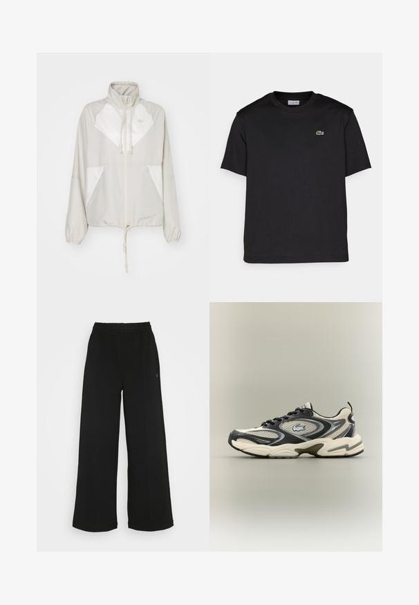Gai pelēks vēja pārveidotājs ar baltām akcentiem, augstu apkakli, sašaurināmu jostasvietu, elastīgām aprocēm un divām priekšējām kabatām. Redzams Lacoste logo.; Melna kokvilnas T-krekls ar apaļu kakla izgriezumu, īsām piedurknēm un mazu zaļu izšūtu logotipu kreisajā krūtīs. Vienkāršs dizains.; Melni platās bikses ar elastīgu jostu. Izgatavotas no mīksta, viegla materiāla. Iezīmē vertikālas šuves gar priekšpusi.; Melnas un bēšas režģa kedas ar mīkstinātu apkakli, teksturētu augšdaļu un izteiktu logo uz sāna. Sleek dizains ar izliekta zoli.