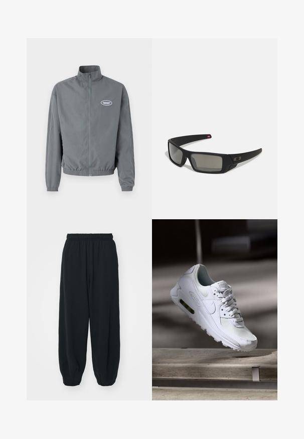 Graue Steppjacke aus glattem Stoff, mit hohem Kragen, elastischem Bund und kleinem Logo auf der linken Brust.; Schwarzer Sweatshirt aus Baumwolle mit rundem Ausschnitt, langen Ärmeln und einem kleinen weißen Nike-Logo auf der oberen linken Brust.; Schwarze Sweatpants mit elastischem Bund, lockerer Passform, gerippten Beinabschlüssen, glatter Textur und ohne sichtbare Muster oder Hardware-Akzente.; Weiße Nike Air Max 90 Sneaker mit einem Obermaterial aus Mesh und Leder, durchlässigem Zehenbereich und einer sichtbaren Air-Einheit in der Ferse.; Schwarze Sonnenbrille mit matter Oberfläche, rechteckigen Gläsern, leichtem Bogen an den Schläfen, dezentem Logo-Detail und rauchgetönten Gläsern.