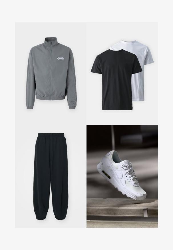 Sivina zip-up jakna iz gladke tkanine, z visokom ovratnikom, elastičnim pasom in majhnim logotipom na levem prsnem delu.; Dve bombažne majice prikazane jedna za drugo: ena črna in ena bela. Obe imata kratke rokave in okrogle izreze, z gladko teksturo.; Črne, elastične hlače za prosti čas z ohlapnim krojem, manšetami na gležnjih, gladko teksturo in brez vidnih vzorcev ali dodatkov.; Bela Nike Air Max 90 športna obutev z mrežastim in usnjenim zgornjim delom, perforiranim prstnim delom in vidno zračno enoto v peti.
