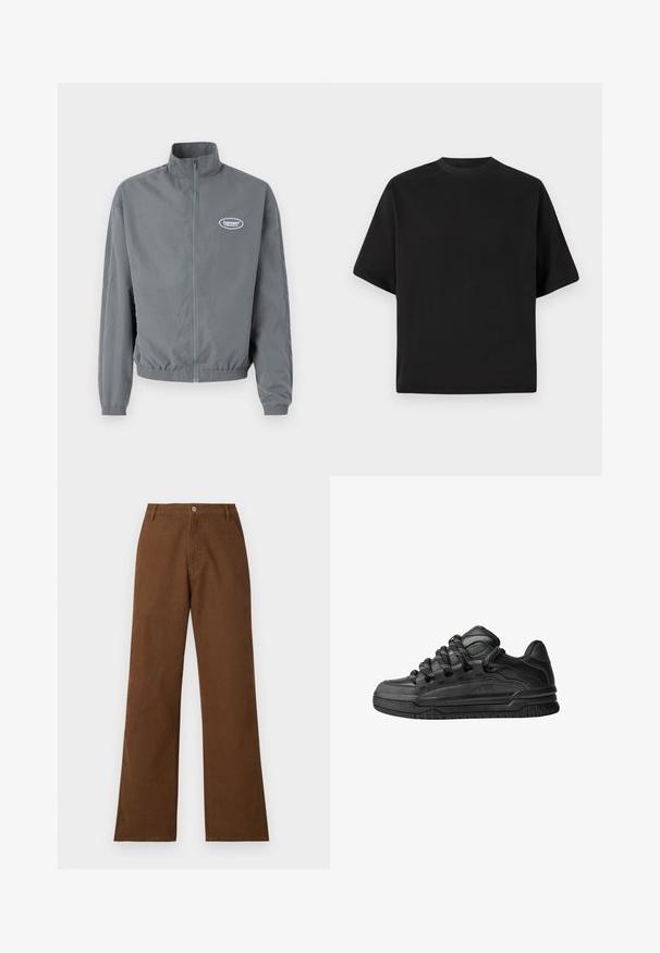 Grå zip-up jacka i slätt tyg, med hög krage, elastisk midja och en liten logotyp på vänster bröst.; Svart kortärmad T-shirt i lös passform, tillverkad av mjuk bomull, med rund halsringning och minimalistisk design.; Bruna bomullsbukser med rak bendesign, knappstängning och två framfickor. Slät textur utan synliga mönster eller dekorationer.; Svarta sneakers med ovandel i slät läder, texturerade detaljer och runda svarta och vita snören. Tjock gummisula med ett mönstrat mönster.