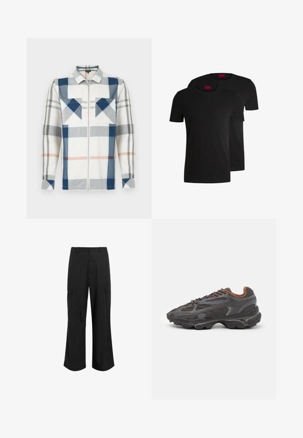 Károvaná bunda v modré, šedé a bílé barvě. Vyrobena z texturované tkaniny s předním zipem a dvěma náprsními kapsami. Detail čtvercového vzoru.; Dvoje černých bavlněných triček s krátkým rukávem a kulatým výstřihem. Obě mají červenou značkovou nášivku na výstřihu. Jednoduchý, klasický design.; Černé cargo kalhoty vyrobené z lehkého materiálu, s volným střihem, dvěma velkými bočními kapsami a zapínáním na knoflík.; Sněrovací boty Lacoste v tmavě šedé barvě s síťovinou a syntetickým materiálem, prezentující texturovanou podrážku a hnědé detaily na límci a logu.